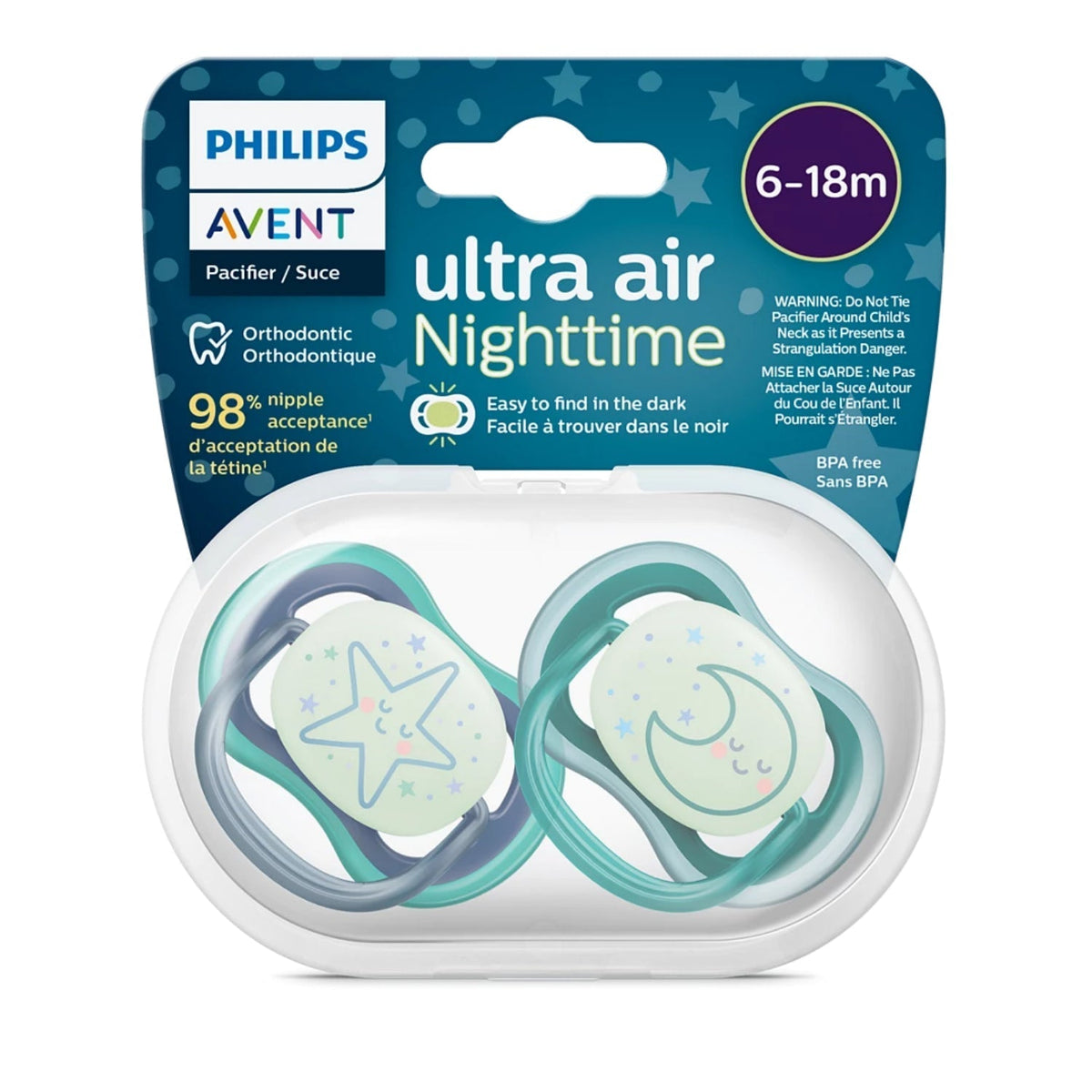 Philips Avent Ultra Air Pacifier - 2 Pack - Light, Breathable Glow-in-The-Dark Baby Pacifiers for Babies Aged 6-18 Months, BPA Free with Sterilizer Carry Case