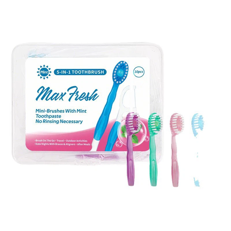 Disposable Mini Bead Toothbrush with Built‑in Dental Floss, No‑Rinse Portable Travel Toothbrush for Fresh Breath, 10‑Pack, 4 Assorted Flavors