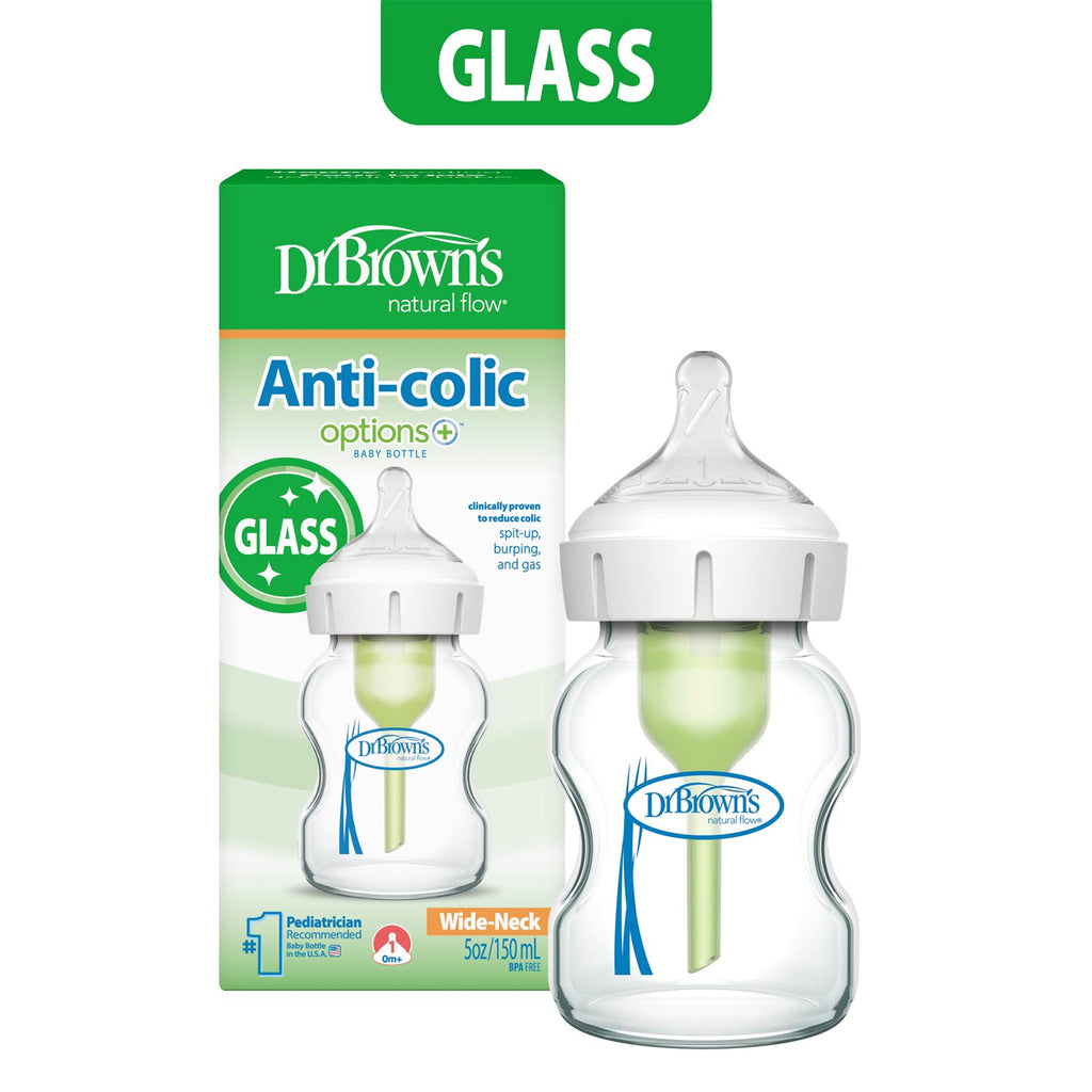 Dr. Brown’s Natural Flow® Anti-Colic Options+™ Wide-Neck Baby Bottle with Level 1 Slow Flow Nipple, 5oz/150mL