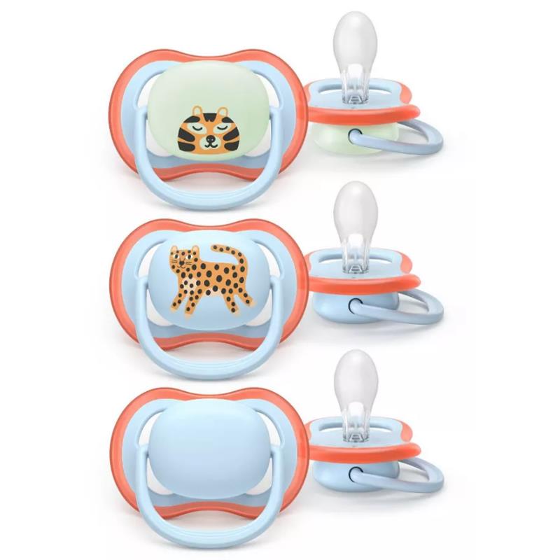 Avent 3Pk Ultra Air Pacifier 6-18M, Leopard/Sleeping Tiger, Day+Night