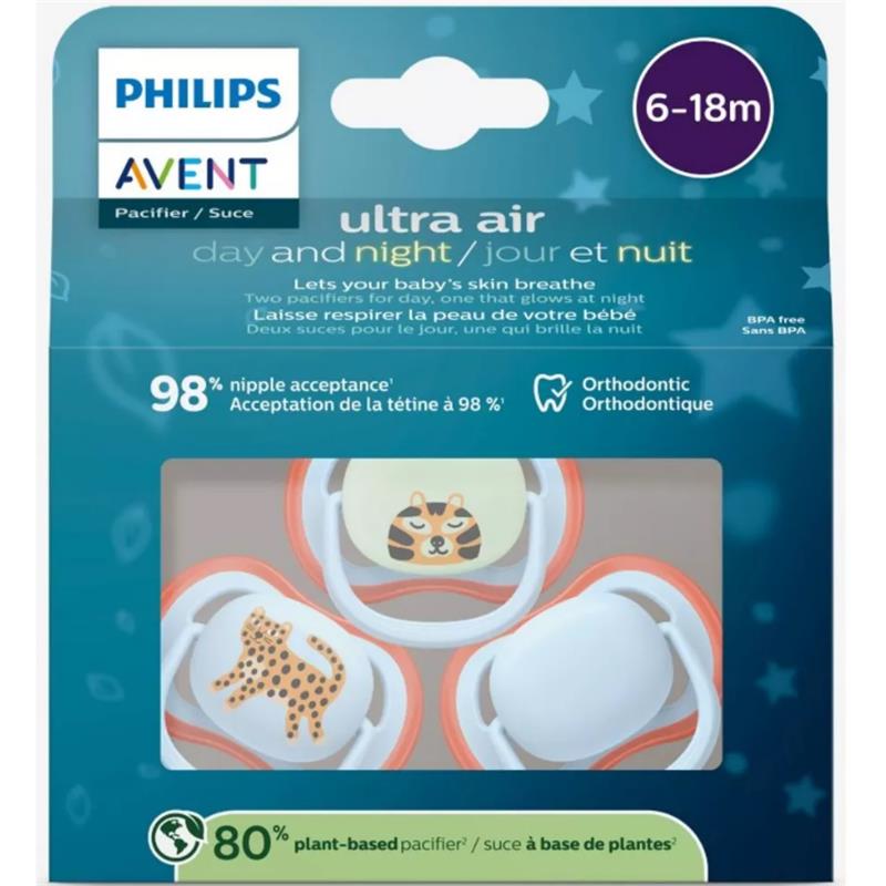 Avent 3Pk Ultra Air Pacifier 6-18M, Leopard/Sleeping Tiger, Day+Night